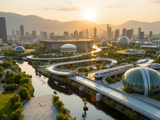 Futuristic cityscape with clean energy infrastructure including solar panels, wind turbines, and electric vehicles