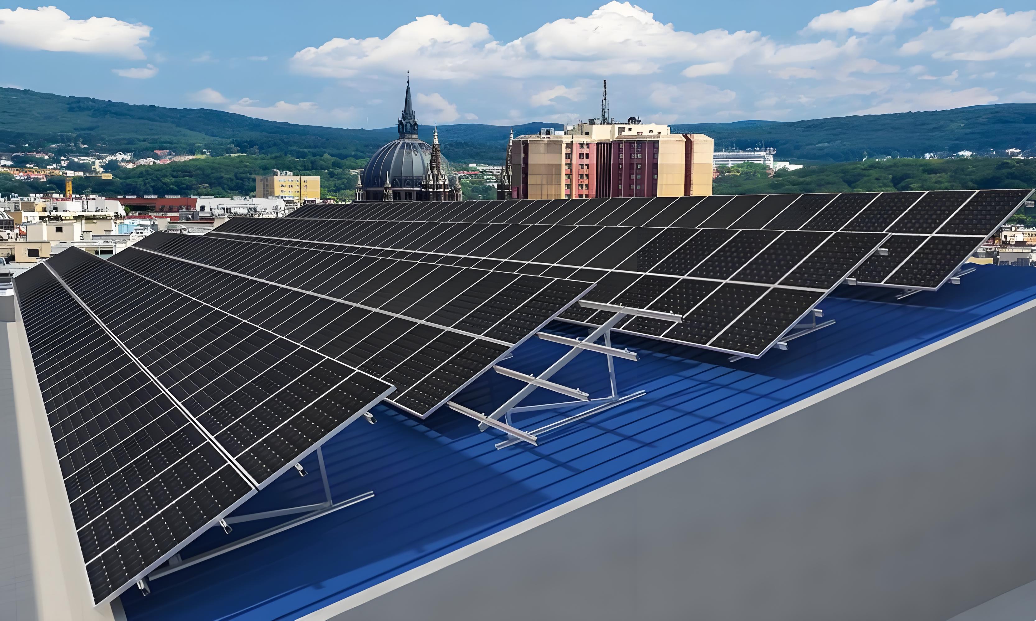 Modern clean energy facility exterior view with solar panels and wind turbines in a green landscape environment